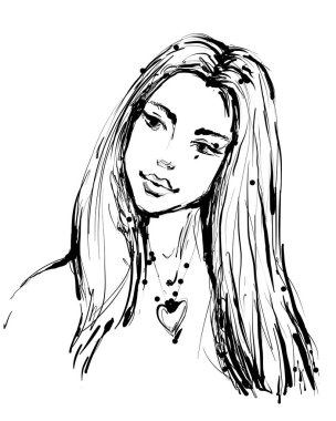 Moda kroki mürekkep tarzı siyah beyaz güzel bir genç kadının el çekilmiş sanat vektör çizim