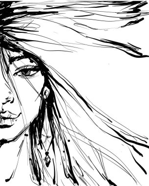 Glamour moda güzellik kadın yüz illüstrasyon. Yarısı ile bir göz ve mürekkep tarzı makyaj kadın yüzü. Vektör mürekkep illüstrasyon izole beyaz arka plan üzerinde.