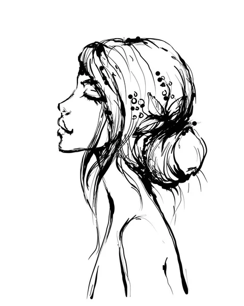 Kobieta moda model woman piękny profil i fryzury ślubne z liści i jagód, inky stylu ilustracja wektorowa — Wektor stockowy