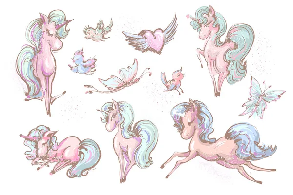 Lindos unicornios, colección de mariposas y aves, ilustración vectorial incompleta conjunto de pequeños unicornios — Archivo Imágenes Vectoriales