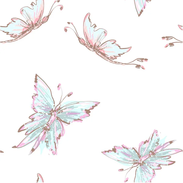 Nahtloser Hintergrund aus zarten Schmetterlingen. schöne hellblaue Schmetterlinge fliegen chaotisch. nahtlos weichen Hintergrund mit fliegenden Motten. geeignet für Stoff, Papier, Verpackung. — Stockvektor