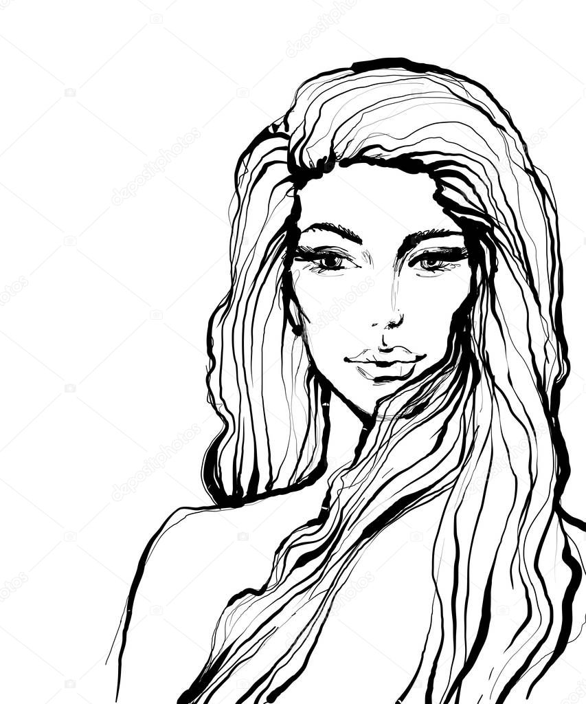 Fashion ink style sketch portrait of beautiful girl with long hair