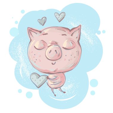 Sevimli küçük domuz karakter sevgi ve kalp tutan eller vektör çizim