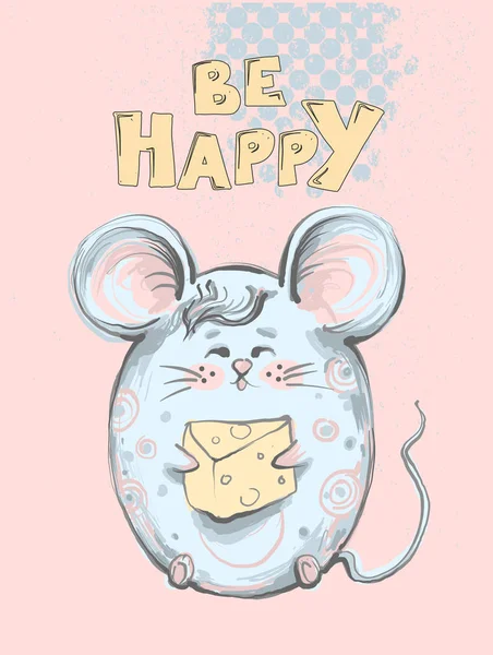 可爱和有趣的胖老鼠大耳朵抱着奶酪和微笑, 单词是快乐的孩子 apprel, 儿童时尚印刷 — 图库矢量图片