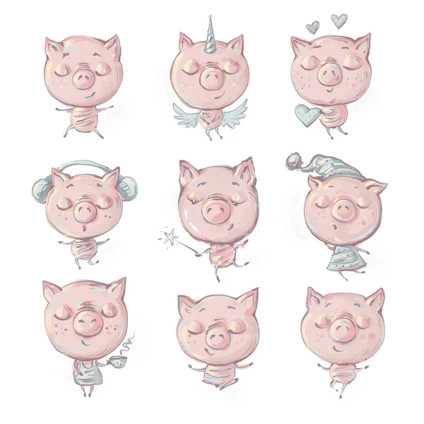 Little Pig cartoon action set, in different situations like listening music, meditating, yoga poses, coffe serving , sleeping, unicorn pig and pig with magic wand vector illustration — Stock Vector