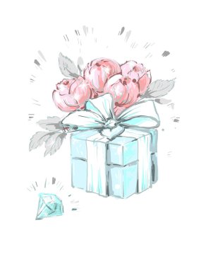 Moda Şakayık Çiçeği kutusuyla elmas ve yay. Güzellik salonları, Dükkanı, blog için trendy yumuşak renkler moda aksesuar çizimde yazdırın. Beyaz arka plan izole sembolü.