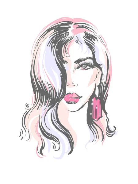 Schöne Mädchen mit rosa Lippen und Ohrringfrisur Ikone Mode-Illustration — Stockvektor