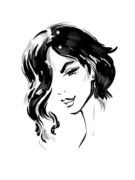 Superbe portrait de fille. Coiffure Bob. Vecteur. Illustration de mode noir et blanc avec étincelles — Image vectorielle