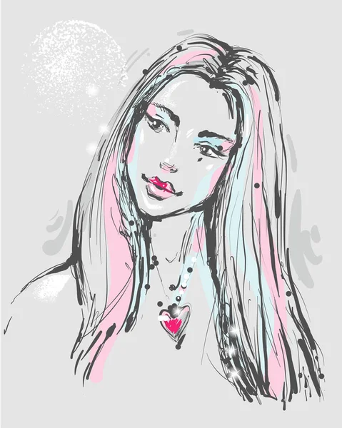 Portrait de mode d'une jeune femme atractive avec collier coeur — Image vectorielle