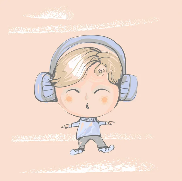 Cute baby boy with big earphones listening music and singing, dancing, fancy childish vector illustration for kid apparel, nursery art — стоковый вектор