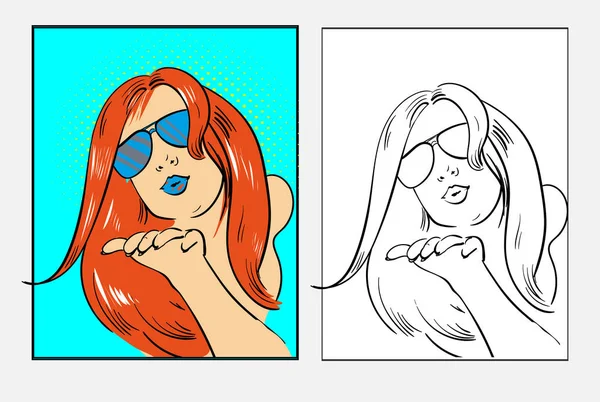 Bella ragazza di fantasia con capelli rossi e occhiali da sole invio bacio, pop art retrò stile fumetto vettoriale illustrazione in variazione di linea colorata e in bianco e nero — Vettoriale Stock