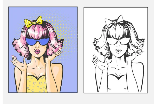 Vrouw met roze bob, boog en sunglases verrast popart retro comic book stijl illustratie vector — Stockvector