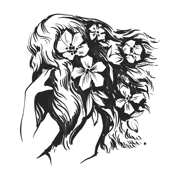 Красивая женщина с цветами и длинными волосами — стоковый вектор