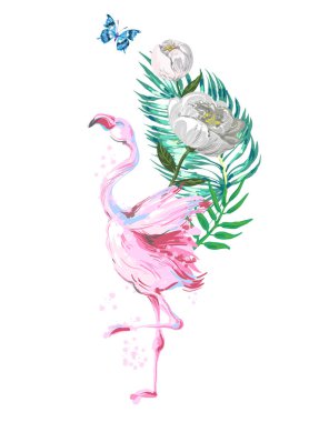 Tropic yaprak, çiçek ve kelebek beyaz arka plan üzerinde izole güzel pembe flamingo kompozisyon.