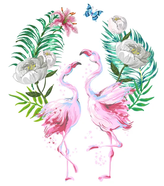 Красива рожева фламінго композиція з тропічним листям, квітами та метеликом ізольована на білому тлі. Дизайн валентинки — стоковий вектор