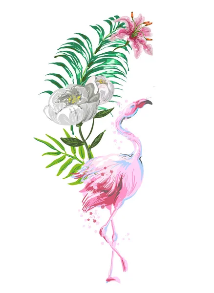 Красива рожева фламінго композиція з тропічним листям, квітами — стоковий вектор