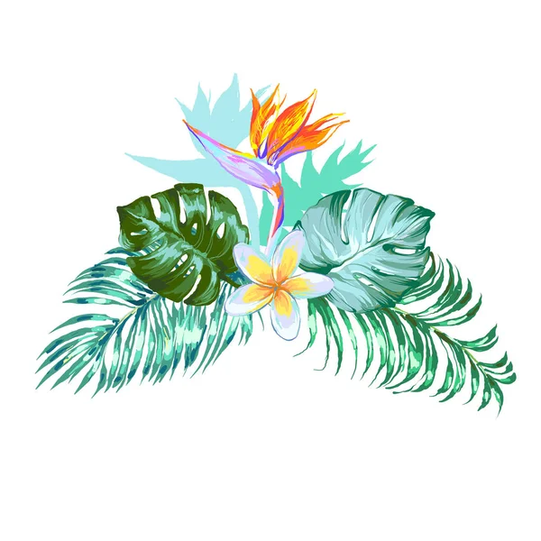 Blumenarrangement mit tropischen Palmblättern, Monstera-Paradiesvogel-Vektorillustration — Stockvektor