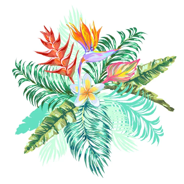 Ramo con heliconia, plumería, flor pájaro del paraíso, hojas tropicales sobre fondo blanco . — Archivo Imágenes Vectoriales