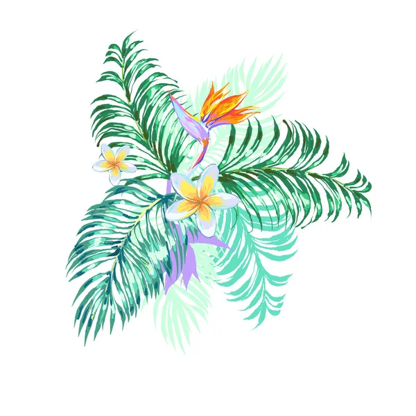 Blomsterarrangemang med tropic palm lämnar, monstera paradisfågeln vektorillustration — Stock vektor