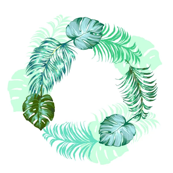 Trendige tropische Blätter Palme und Monstera runde Rahmen Vektor-Design — Stockvektor