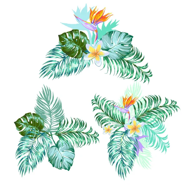 Bouquet tropical d'été avec feuilles de palmier et fleurs exotiques. Illustration vectorielle . — Image vectorielle