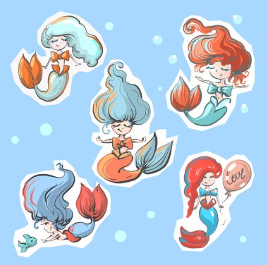 Küçük şirin Deniz kızları çıkartma koleksiyonu vektör çizim
