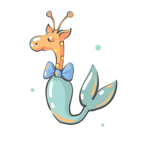 Camelopard with bow and mermaid fish tail nursery print, giraffe fantasy animal — стоковый вектор