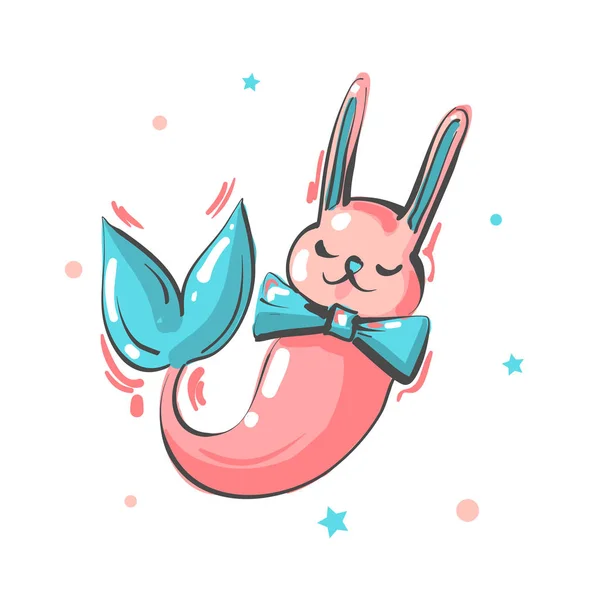 Vector nursery card with cute bunny mermaid with bow — Stock Vector