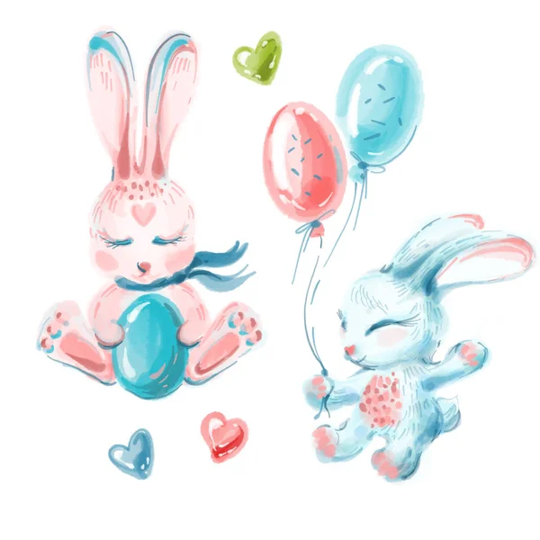 Lindos conejos de Pascua asientos, conejito sosteniendo huevo y conejito con globos —  Fotos de Stock