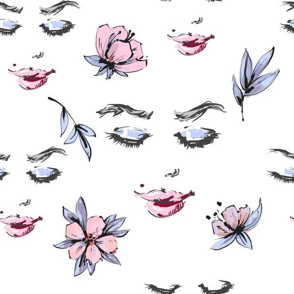 Woman beautiful face with closed eyes and pink flowers with leaves floral seamless pattern — 스톡 벡터