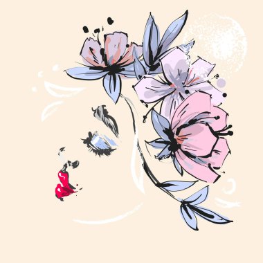 Güzel Kız profili pembe çiçekler bahar çelenk başında