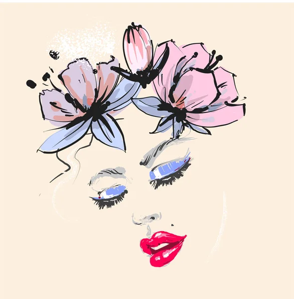 Belle fille avec des fleurs roses couronne de printemps sur la tête regardant vers le bas — Image vectorielle