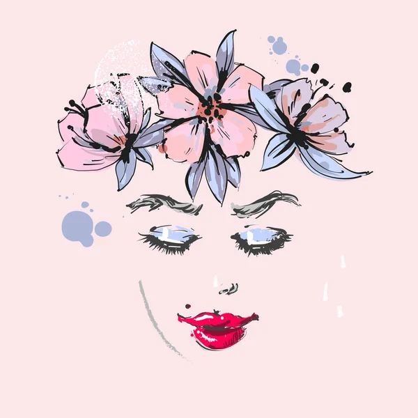 Hermosa chica con flores de color rosa corona de primavera en la cabeza sonriendo — Vector de stock