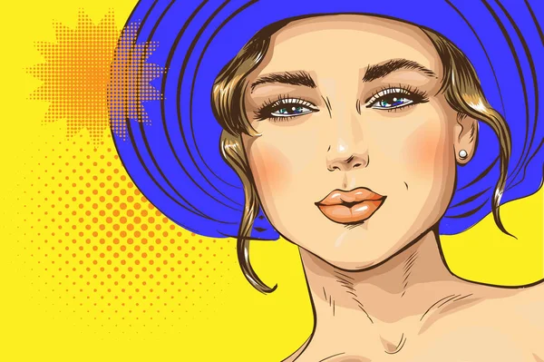 Векторный поп-арт закрепляет иллюстрацию сексуальной девушки в роскошной шляпе. Отличный плакат для рекламных скидок и продаж в стиле поп-арта — стоковый вектор
