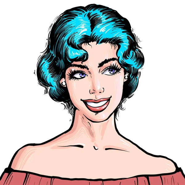 Портрет молодой красивой женщины с короткими голубыми волосами и привлекательной иллюстрацией улыбки в стиле ретро поп-арта на белом фоне — стоковый вектор
