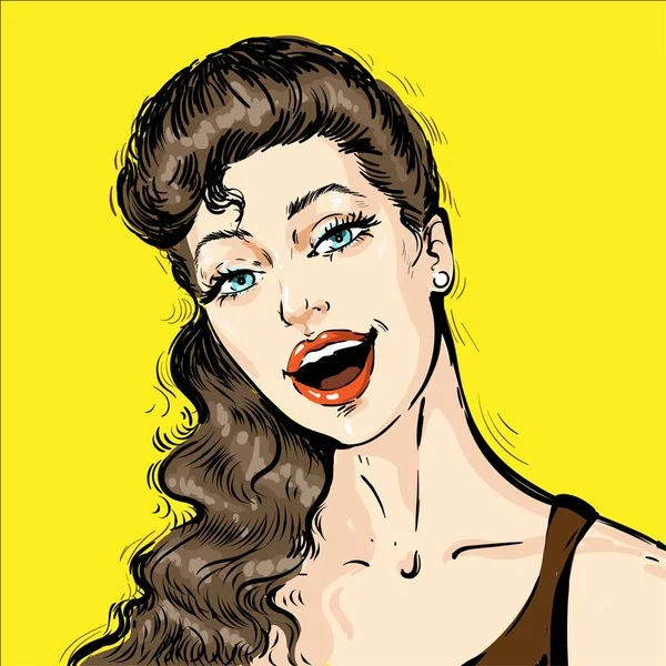 Портрет красивой молодой женщины с открытым ртом. Комикс-ретро-векторная иллюстрация в стиле китча — стоковый вектор