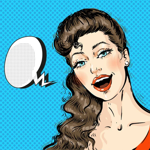 Ritratto di una giovane bella donna Faccia con i capelli lunghi Comic con Speech Bubble, Pop Art Style — Vettoriale Stock