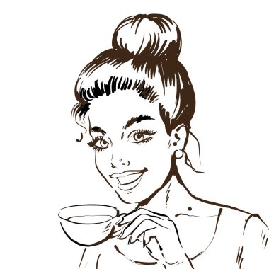 Siyah beyaz çizim çizgisi çizimi. Bir fincan çay ya da cofee ile bir kadının portresi. Vektör çizimi.