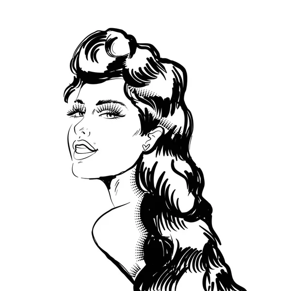 Beautiful sexy woman looks back. Illustration in engraving style. Monochrome image. — Stock Vector