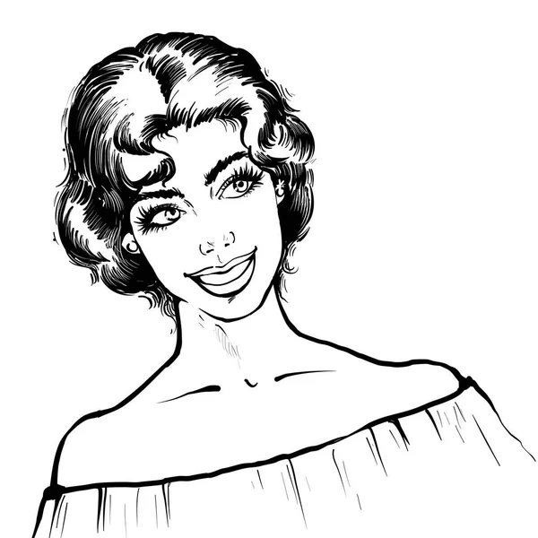 Πορτρέτο ενός ρετρό νεαρή όμορφη γυναίκα με κοντό καμπύλεςμαλλιά και ελκυστική εικόνα χαμόγελο, μαύρο και άσπρο γραμμή μελάνι στυλ — Διανυσματικό Αρχείο