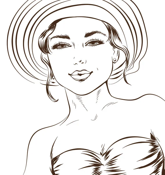 Dibujo vectorial línea de arte ilustración de una chica sexy en un sombrero de lujo. Excelente póster para descuentos publicitarios y ventas y colorear — Vector de stock