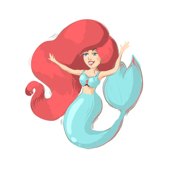 Lächelnd rothaarige Meerjungfrau Charakter isoliert auf weiß — Stockvektor