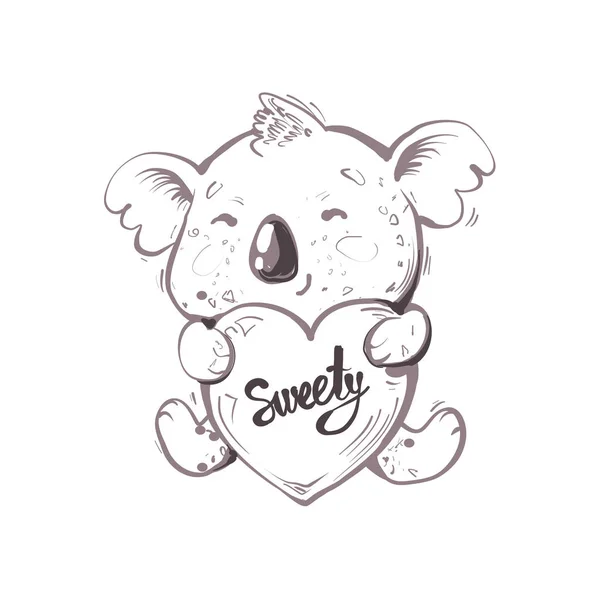 Pequeño bebé lindo koala sosteniendo el corazón con la palabra Sweety, ilustración dibujada a mano en blanco y negro — Archivo Imágenes Vectoriales