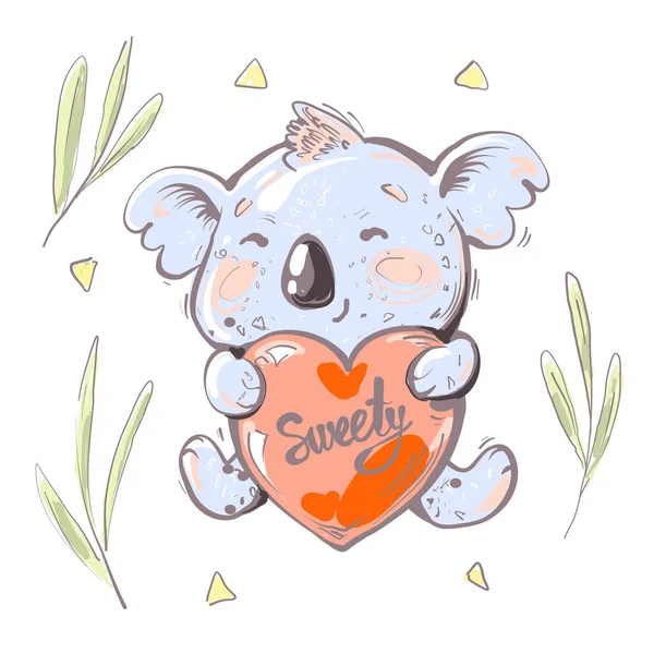 Lindo bebé Koala oso sosteniendo el corazón rojo con palabra dulce, hojas de eucalipto — Vector de stock