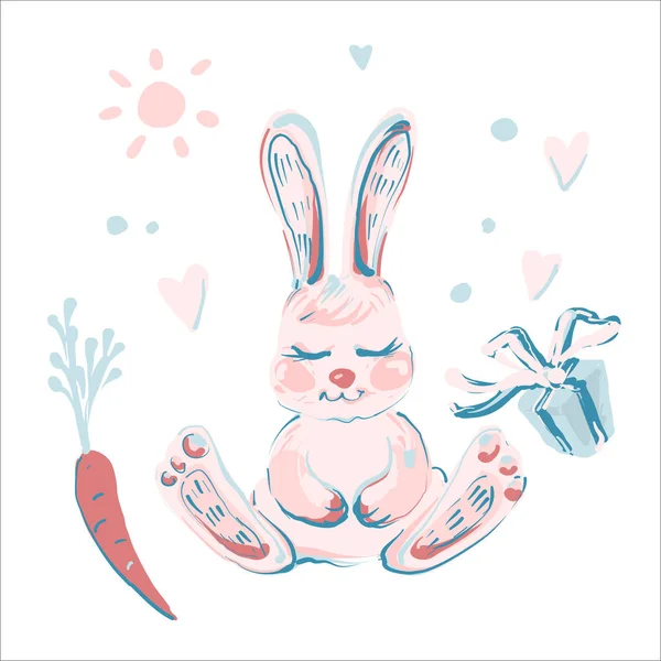 กระต่ายสีชมพูน่ารักที่มีชุดสะสมที่มีหัวใจแครอทและกล่องของขวัญแยกกันบนพื้นหลังสีขาว — ภาพเวกเตอร์สต็อก