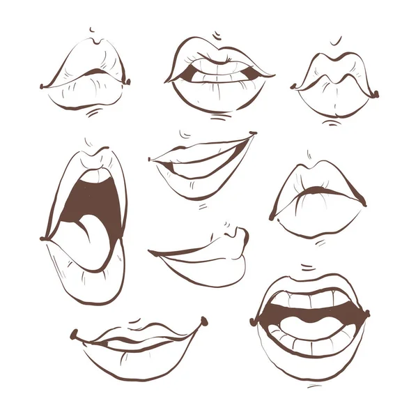 Contorno Dibujo ilustración conjunto labios femeninos sobre fondo blanco . — Vector de stock