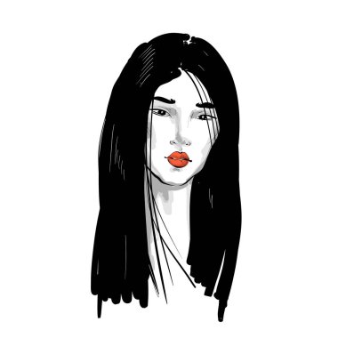 Kızıl dudaklı ve uzun saçlı genç Asyalı kadın. Moda vektör illüstrasyonu beyaza izole edildi. Yüz çizelgesi olarak ya da kuaförler için cilt bakımı, profesyonel kuaförlük, güzellik salonu konsepti olarak kullanılabilir..