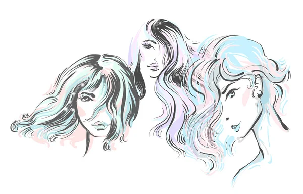 Moda ilustracja dziewczyny portrety z piękne fryzury — Wektor stockowy