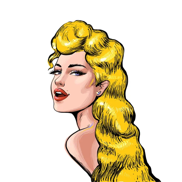 Красивая сексуальная привлекательная блондинка портрет молодой женщины оглядываясь назад с открытым ртом приглашая, высокое качество ручной работы векторной иллюстрации моды — стоковый вектор
