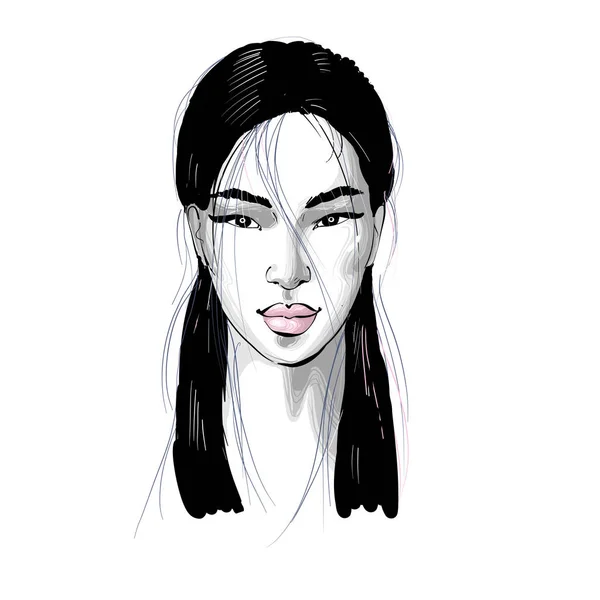 Piękny Azji kobieta portret z różowy usta czarny i biały szkic moda ilustracja — Wektor stockowy